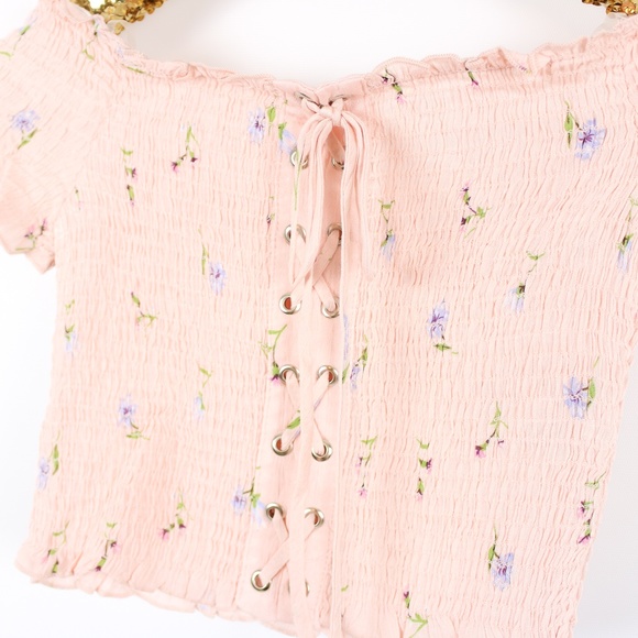 Pink Pastel Off Shoulder Shirred Lace Up Crop Top - Picture 7 of 7